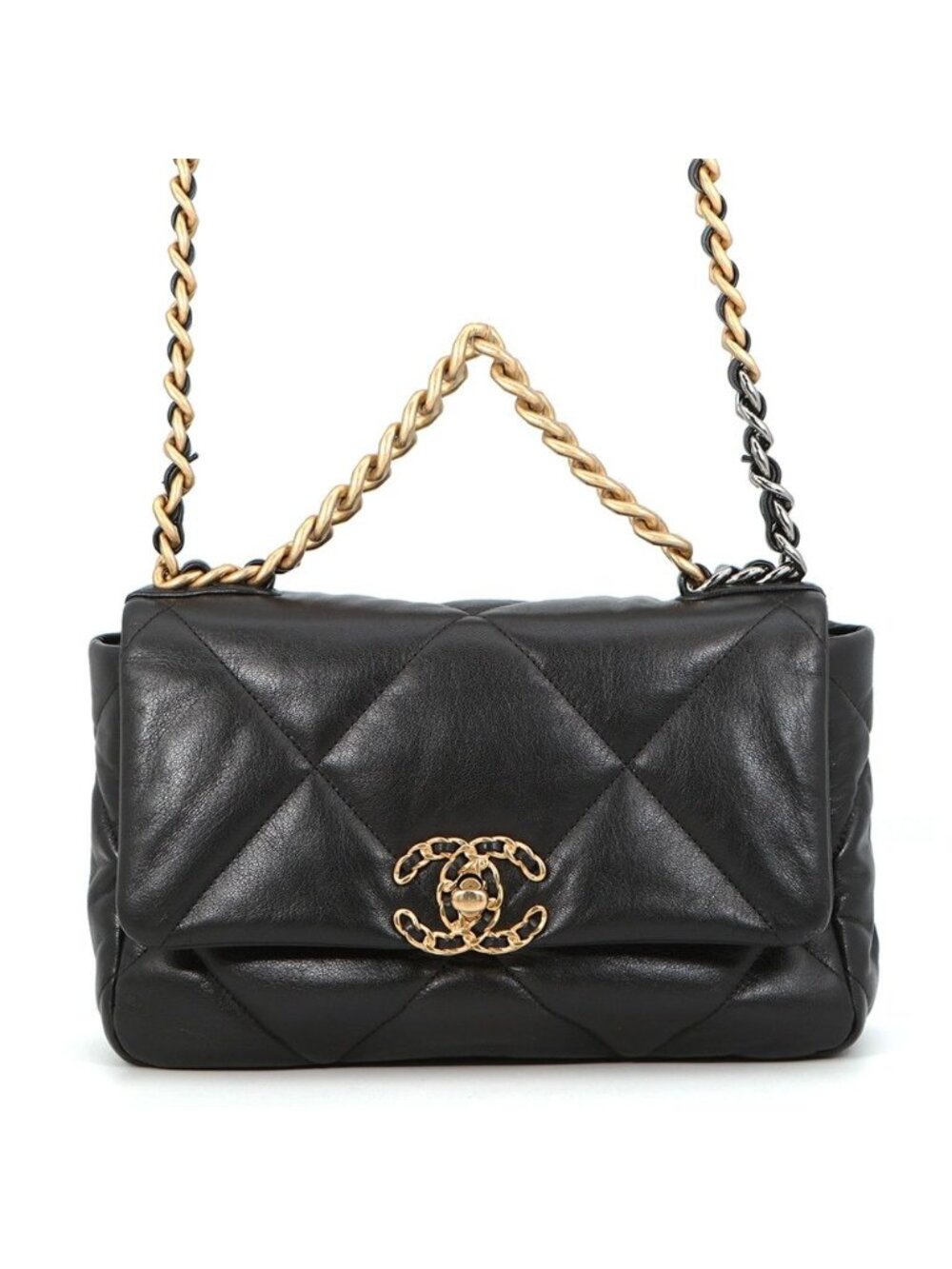 Chanel Chain Shoulder Bag 19 CC Logo Shiny Lambskin Black